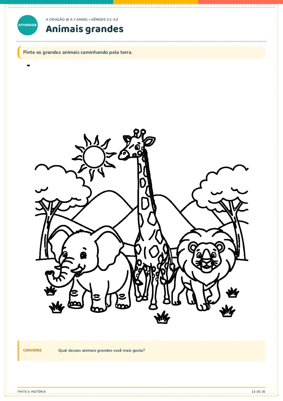Desenho de elefante, girafa e leão em uma paisagem para colorir