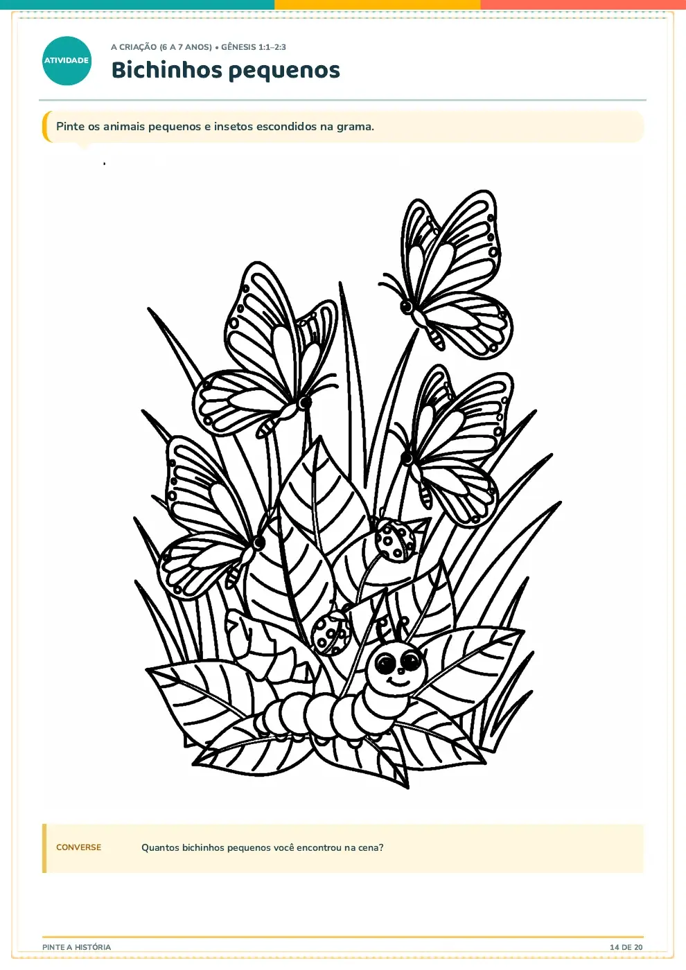 Desenho de borboletas, joaninhas e lagarta entre folhas para colorir