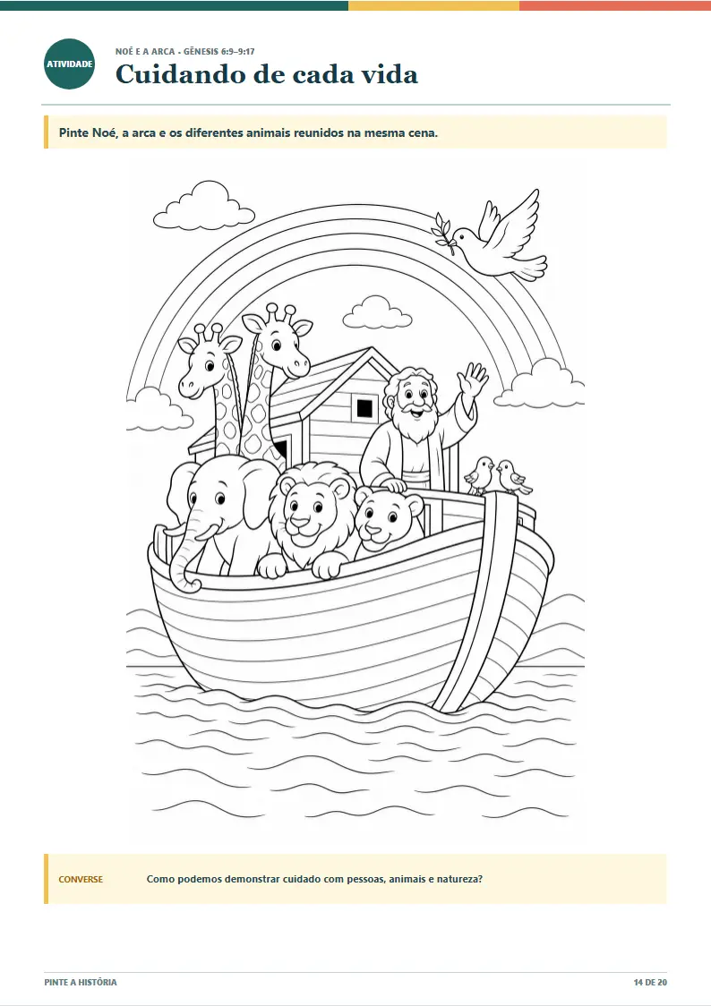 Desenho de Noé com a arca, animais, pomba e arco-íris para colorir