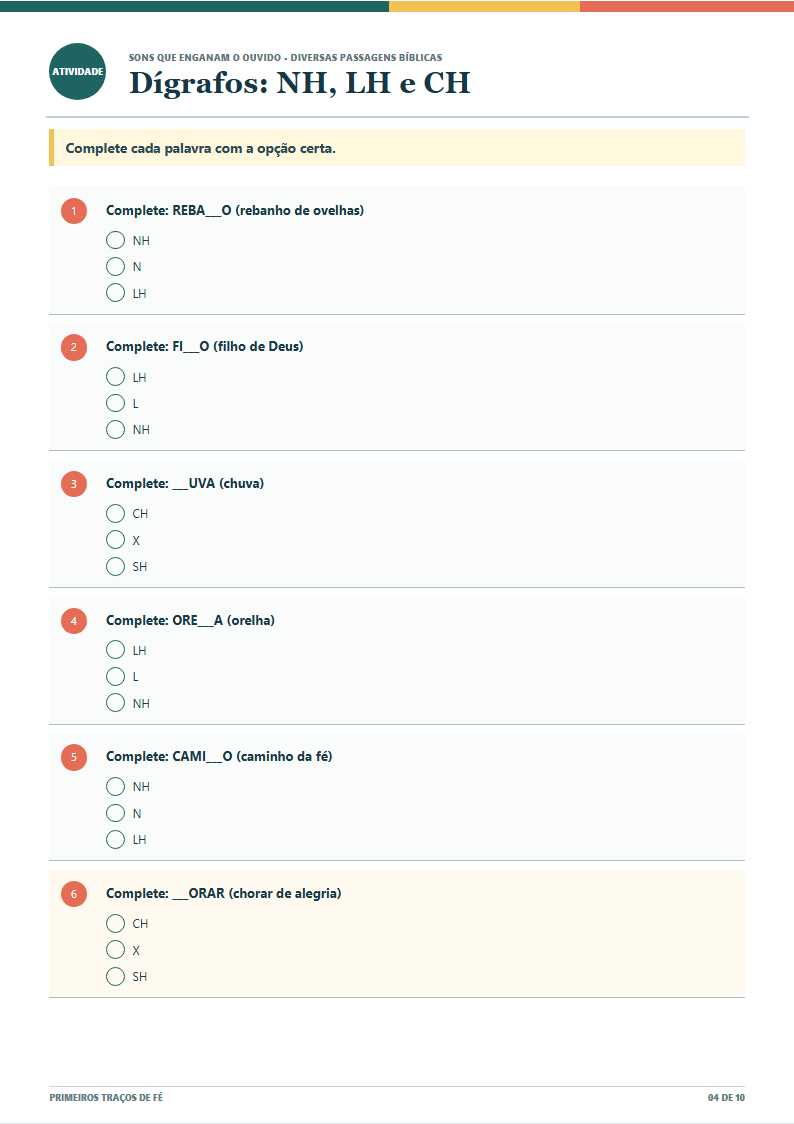 Atividade de ortografia para completar palavras com NH, LH e CH