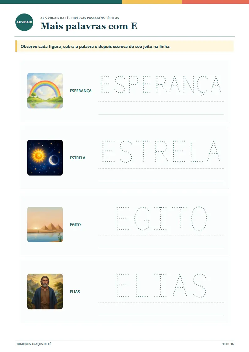 Atividade de escrita com as palavras esperança, estrela, Egito e Elias