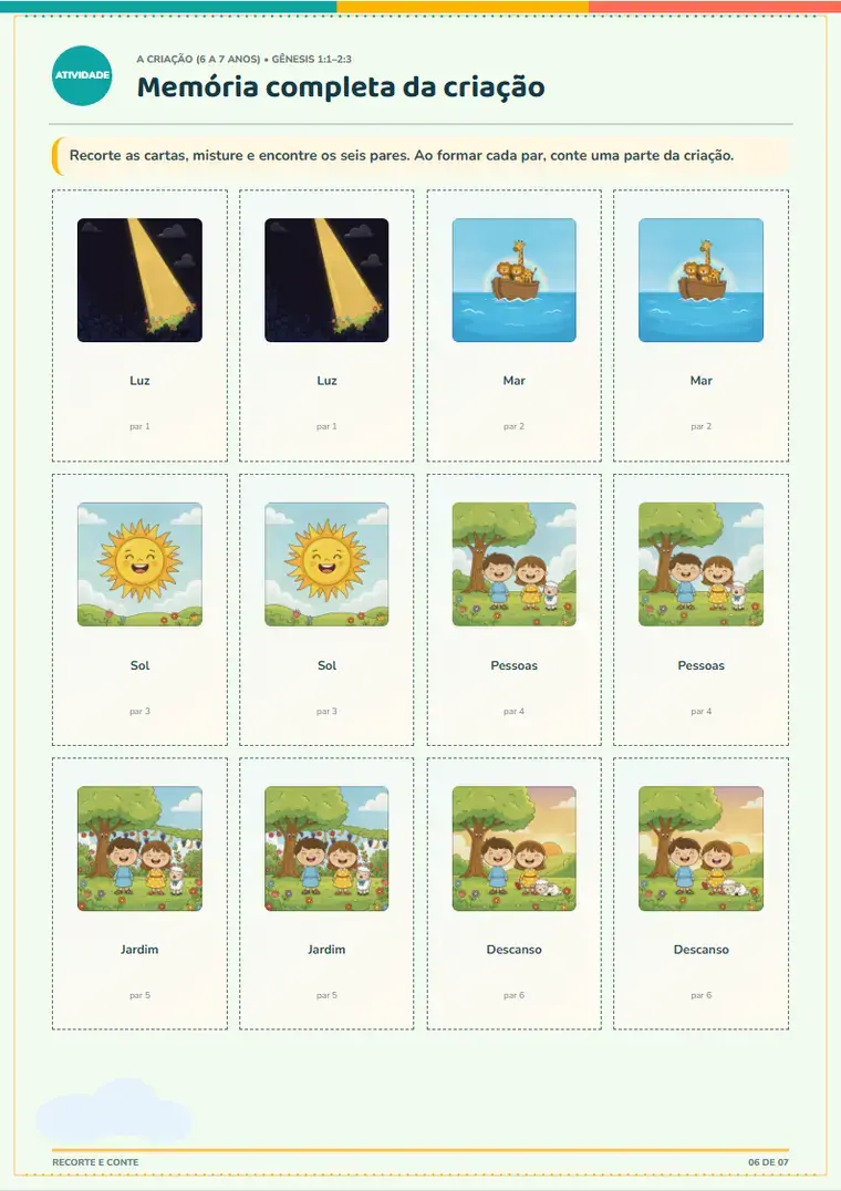 Cartas ilustradas para recortar e jogar o jogo da memória da criação