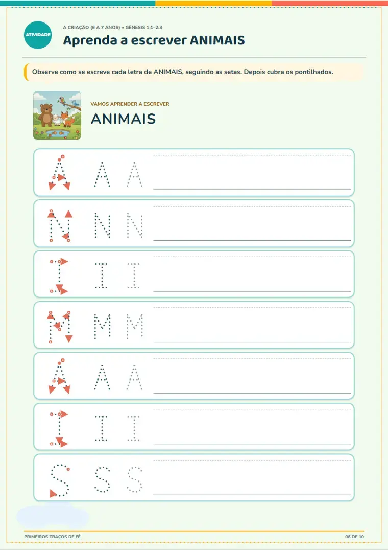 Atividade de escrita guiada com letras pontilhadas da palavra animais